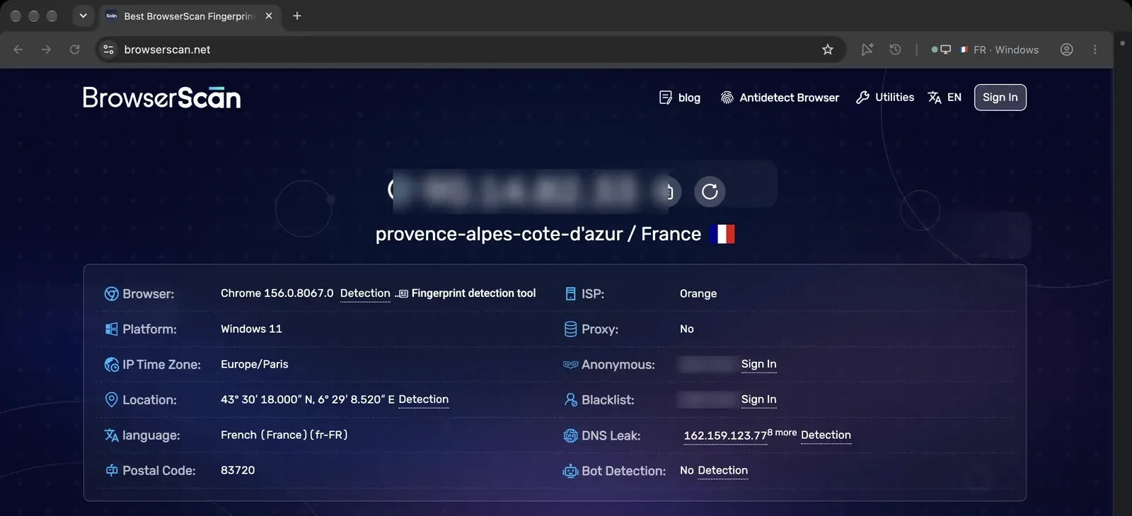 browserscan.net through the French exit: Chrome 156, Windows 11, Europe/Paris, French language, ISP Orange, no bot detected