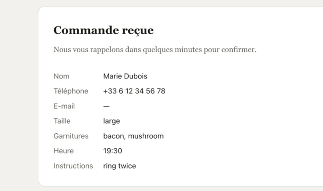 The confirmation the site returned, listing every submitted field