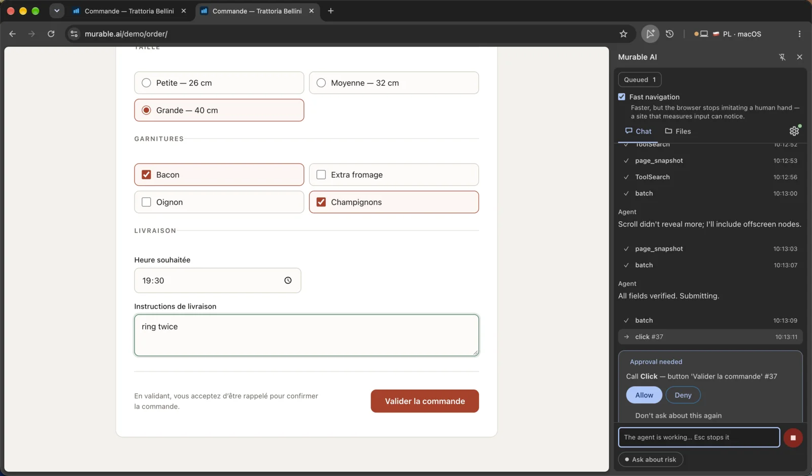 A restaurant order form filled in by the agent, with its approval request open in the side panel