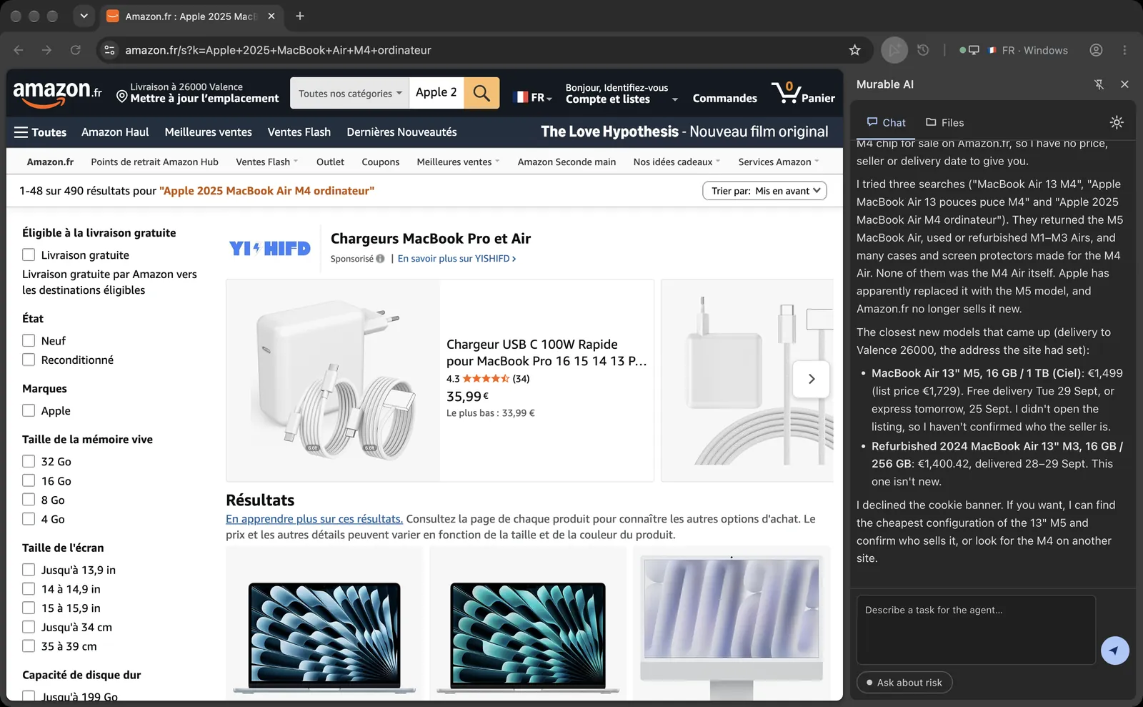 Murable Browser on amazon.fr: the search results on the left, the agent's side panel with its answer on the right, the exit indicator in the toolbar